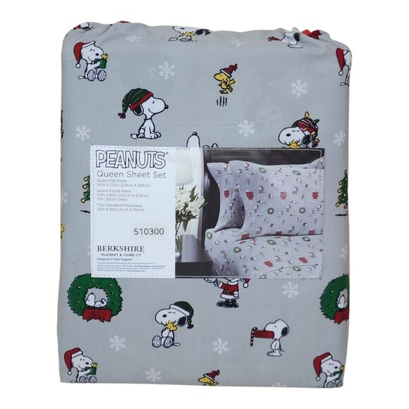 Peanuts Christmas Snoopy Queen Sheet Set Berkshire Holiday Bedding Wreath Tree - Picture 3 of 7